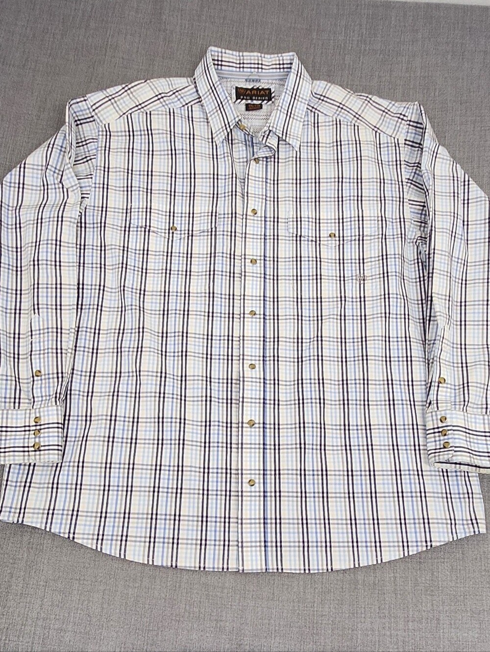 Ariat Pro Series White Blue & Black Snap Button Down Pocket Shirt. XXL
